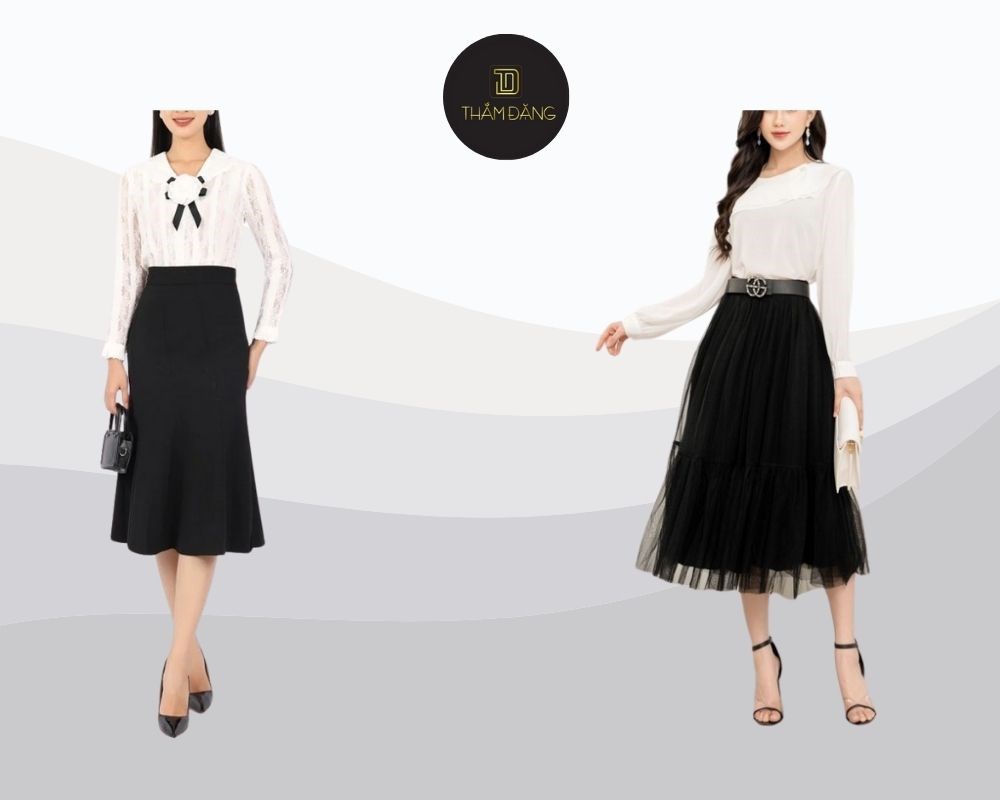 Nữ tính sang trọng với chân váy đen dài và áo blouse tay bồng ren trắng