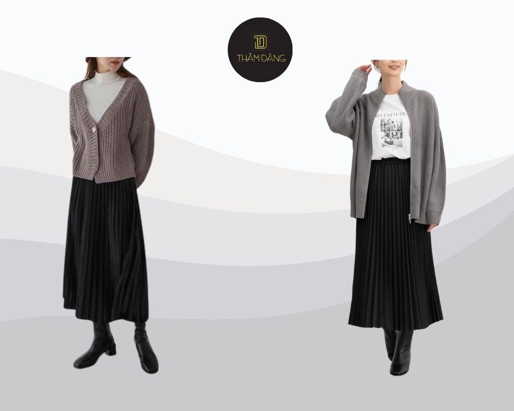 Chân váy dài đen phối cardigan cho vẻ dịu dàng thanh lịch và tôn dáng hoàn hảo