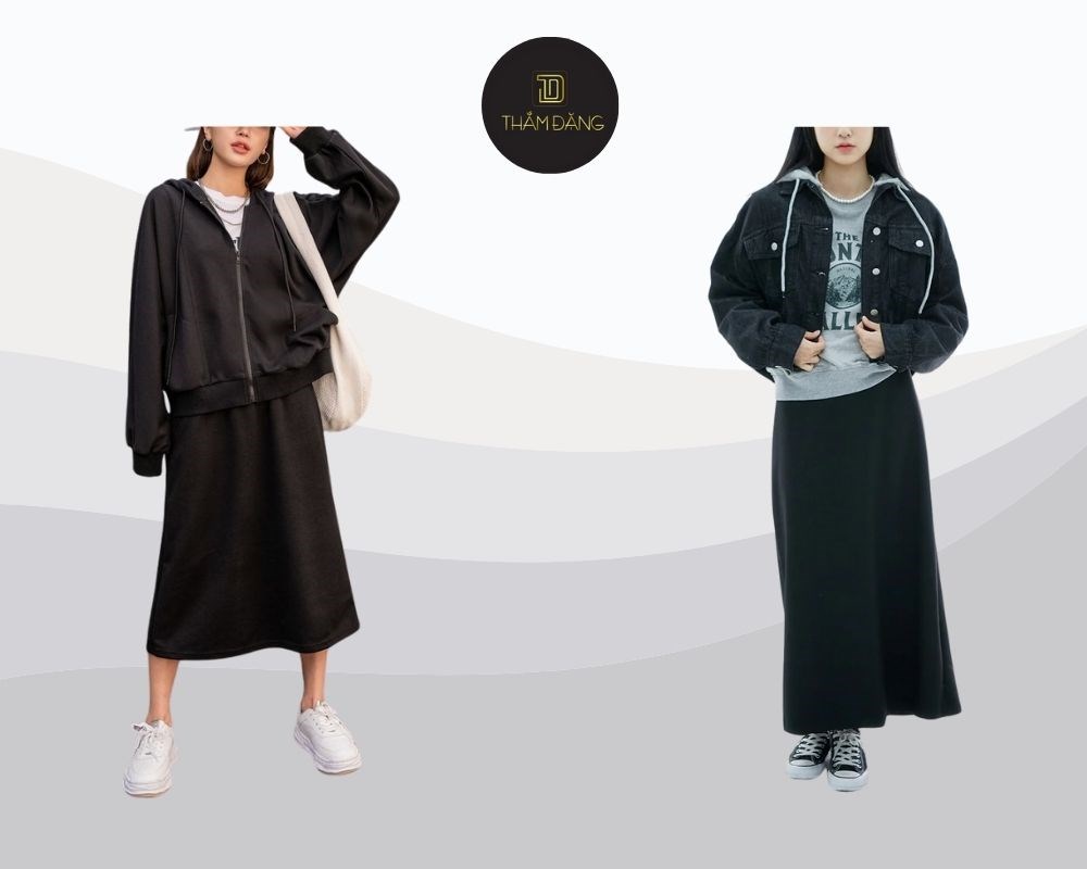 Chân váy đen và hoodie cho nàng cá tính trẻ trung lại cực kỳ tôn dáng