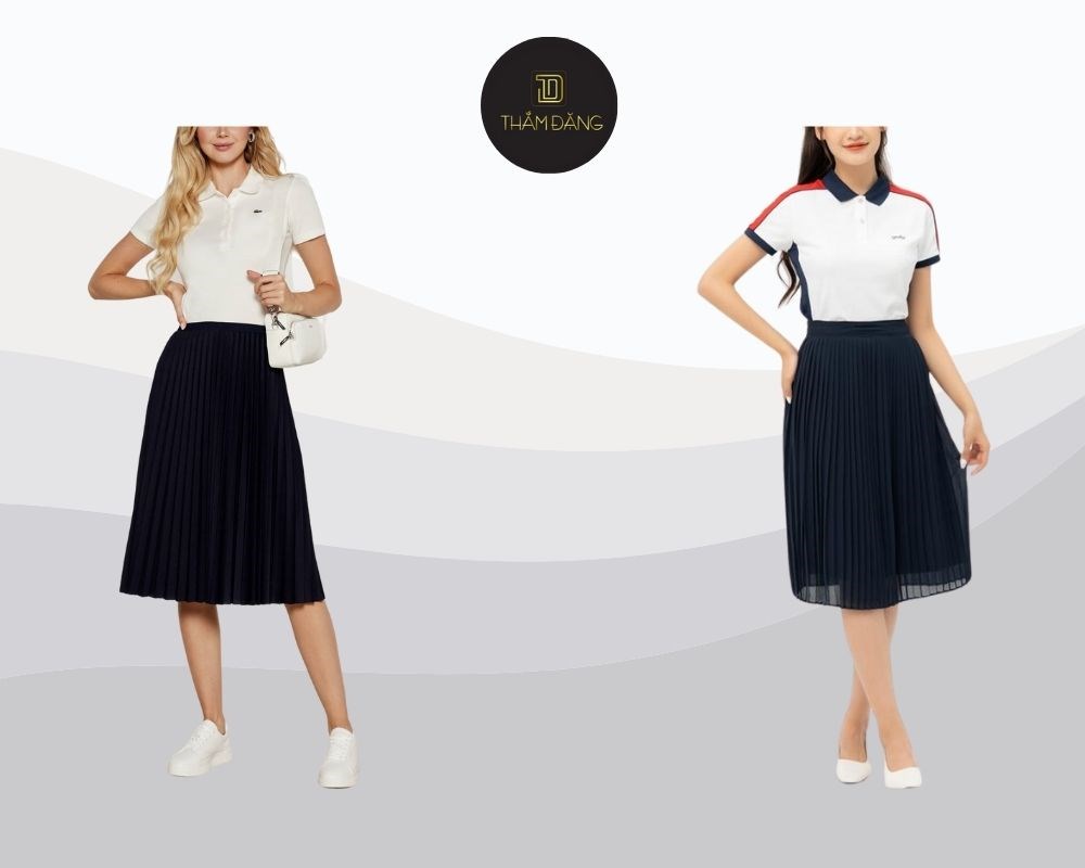 Chân váy dài và áo polo tạo vẻ trẻ trung thanh lịch cho ngày cuối tuần năng động