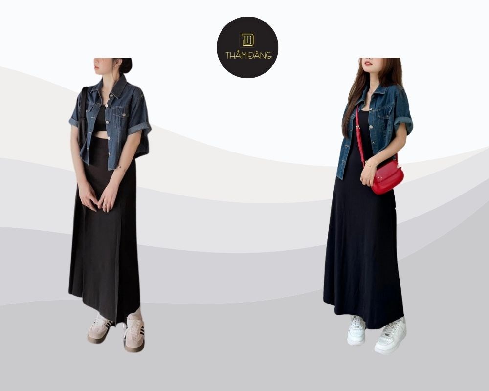 Phối áo denim với chân váy đen dài cho vẻ ngoài cá tính và nổi bật