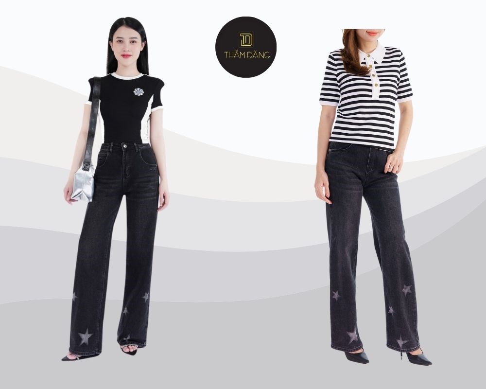 Quần ống rộng dáng dài phối cùng áo thun dáng ôm tôn dáng hoàn hảo và thanh thoát