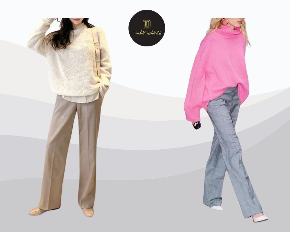 Phối quần ống rộng với áo len oversized mang đến vẻ ấm áp và thoải mái