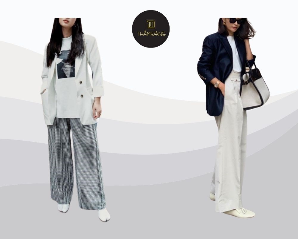 Quần ống rộng phối với áo blazer tạo sự sang trọng, thanh lịch và thời thượng