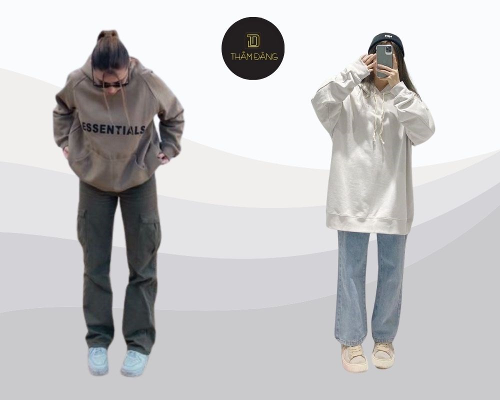 Quần ống rộng kết hợp cùng áo hoodie tạo vẻ cá tính và năng động, phù hợp cho những nàng thích phong cách trẻ trung