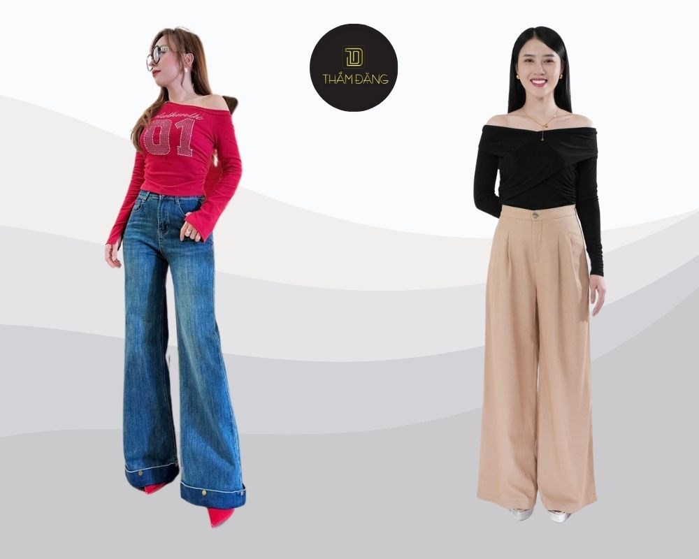 Mặc quần ống rộng với áo trễ vai mang đến vẻ dịu dàng và nữ tính