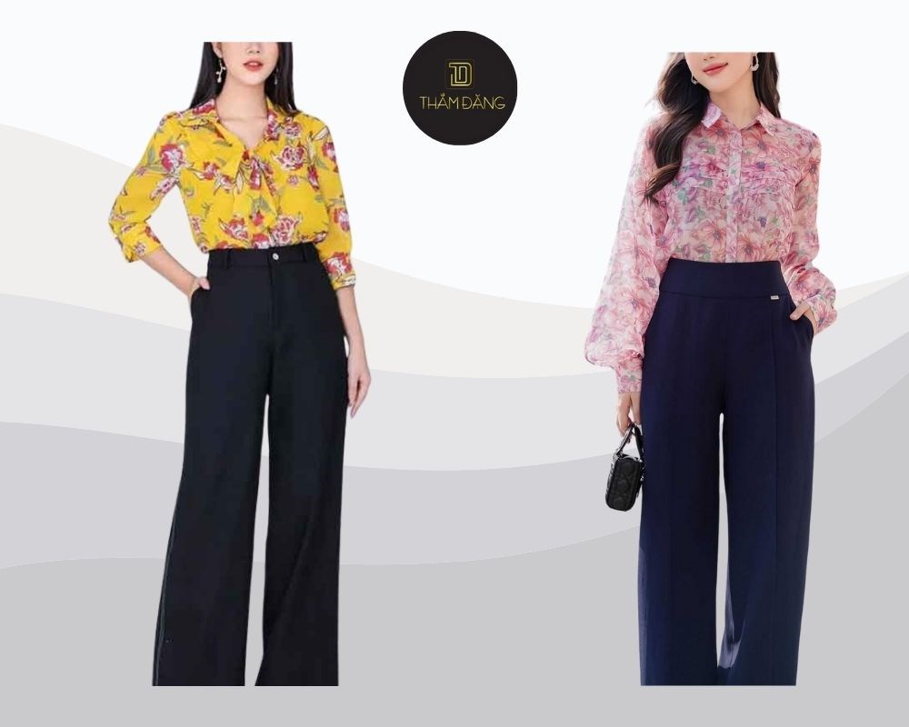 Quần ống rộng kết hợp cùng áo sơ mi hoa mang đến sự nữ tính và duyên dáng