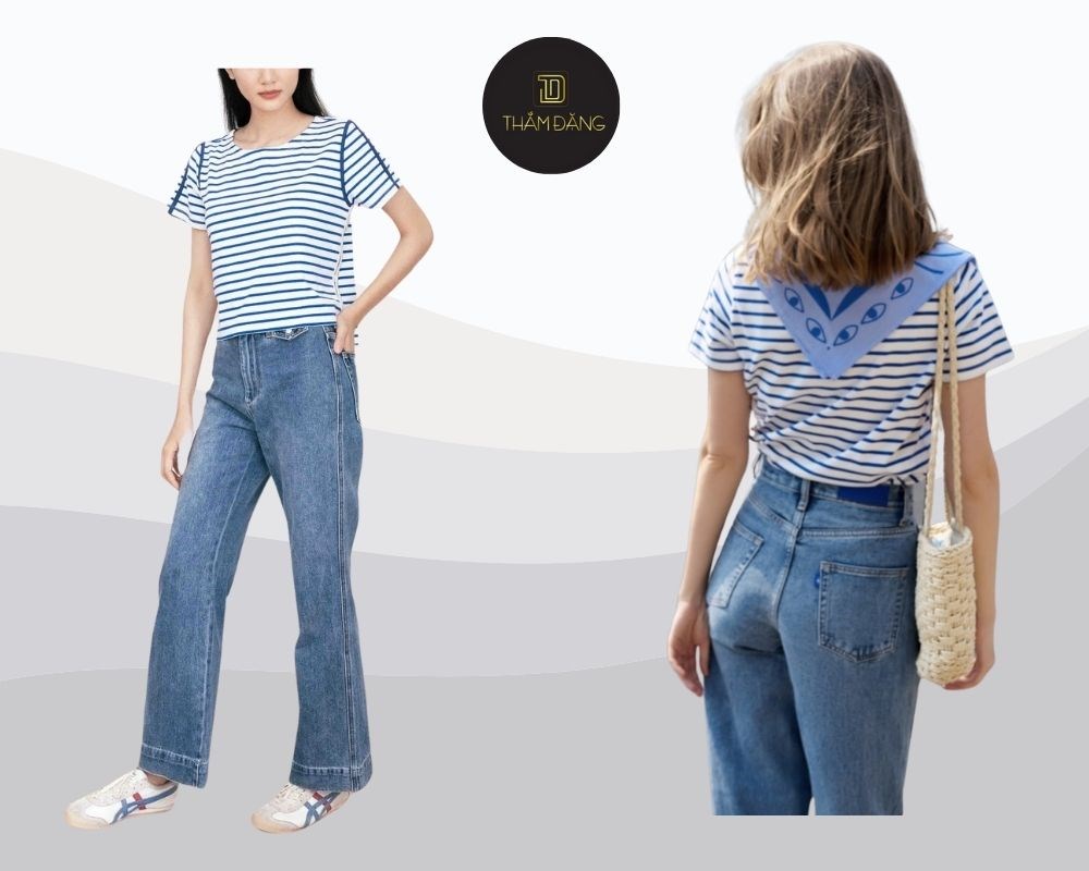 Quần ống rộng phối với áo thun sọc vintage mang đến phong cách cổ điển, thanh lịch
