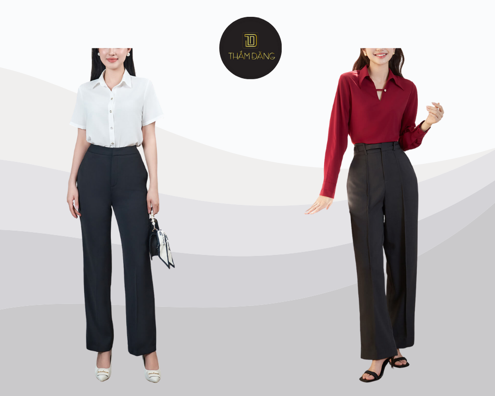Quần tây ống đứng và áo sơ mi tạo set đồ công sở thanh lịch hoàn hảo.
