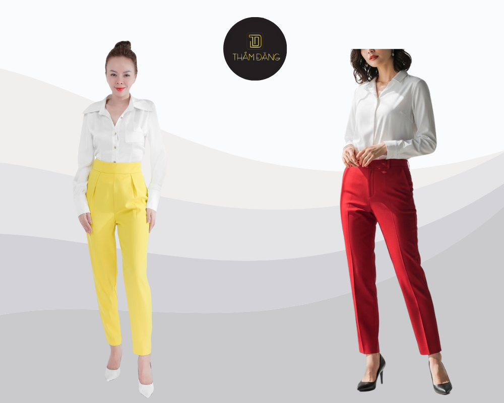 Quần tây màu nổi phối áo sơ mi trơn tạo phong cách cá tính và nổi bật.