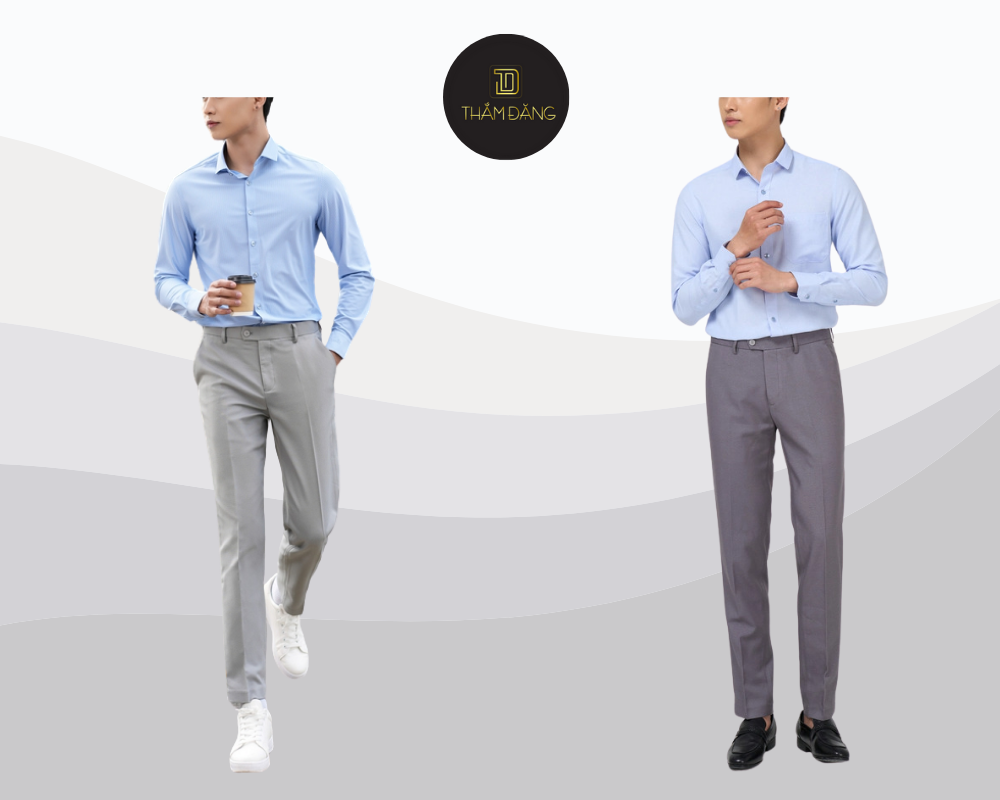 Quần tây xám áo sơ mi xanh nhạt phong cách trẻ trung lịch lãm cho phái mạnh.