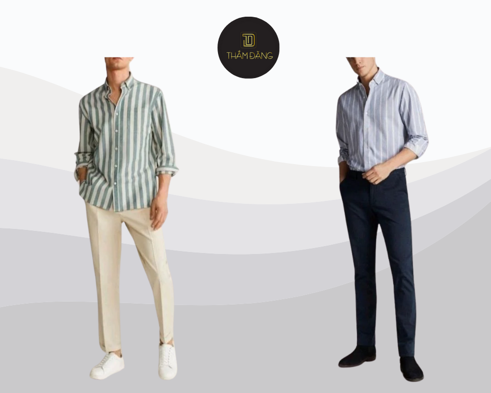 Quần tây slim-fit và áo sơ mi kẻ sọc tạo phong cách trẻ trung lịch sự.