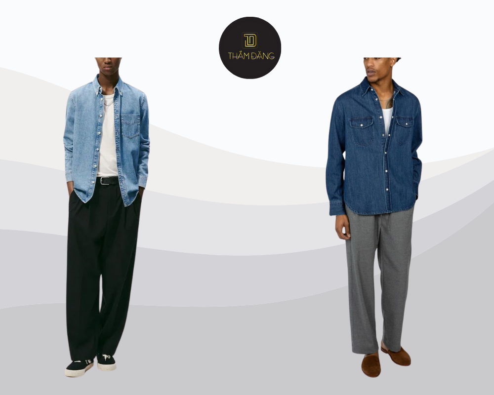 Quần tây ống côn áo sơ mi denim mang phong cách trẻ trung lịch lãm.