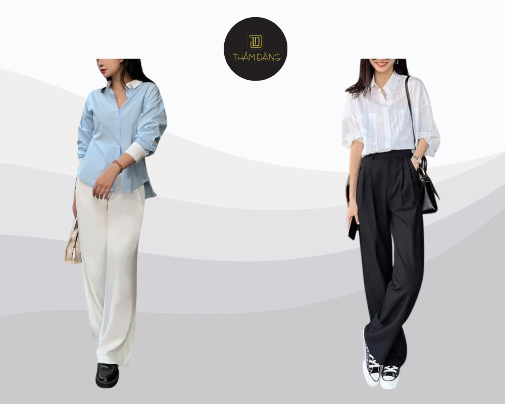 Quần tây rộng áo sơ mi oversize phong cách trẻ trung thoải mái thanh lịch.