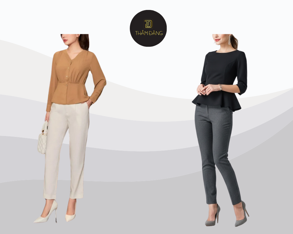 Quần tây ôm và áo peplum tạo dáng đẹp che bụng hiệu quả cho phái nữ.
