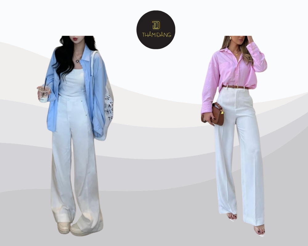 Quần tây trắng phối sơ mi pastel tạo phong cách trẻ trung và thanh lịch.