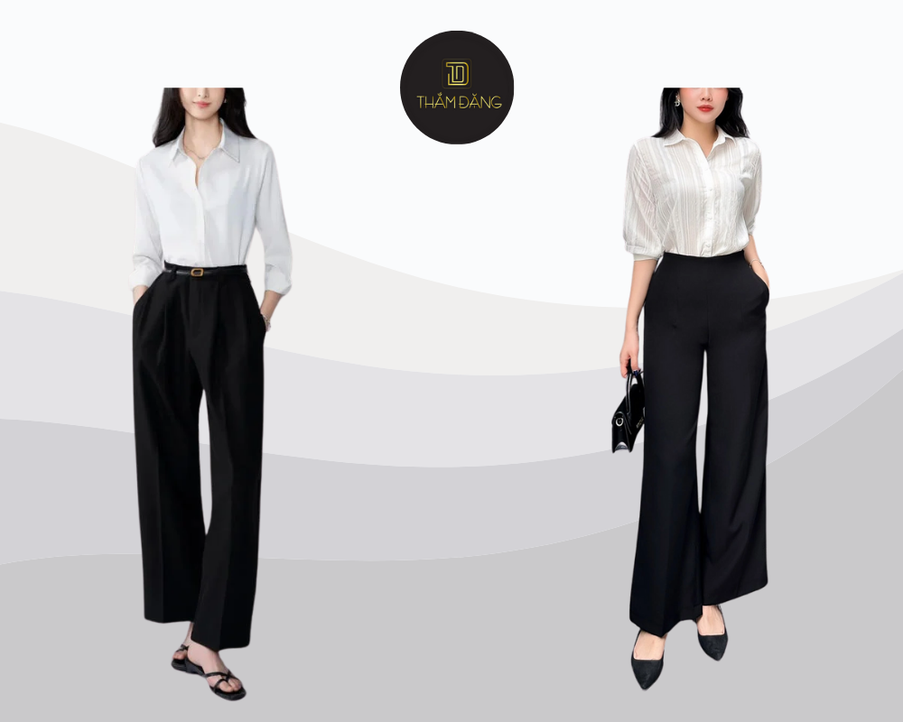 Phối quần tây đen và áo sơ mi trắng chuẩn thanh lịch mọi hoàn cảnh.
