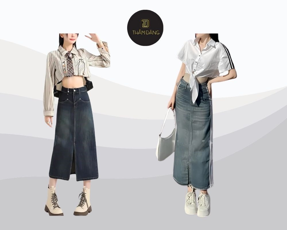 Chân váy bò dài kết hợp với áo gì? Phối với áo sơ mi croptop tạo phong cách trẻ trung, cá tính, khoe khéo vòng 2