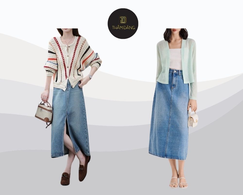 Váy jean dài kết hợp với áo gì? Phong cách nữ tính, thanh lịch và nhẹ nhàng khi phối với Cardigan mỏng