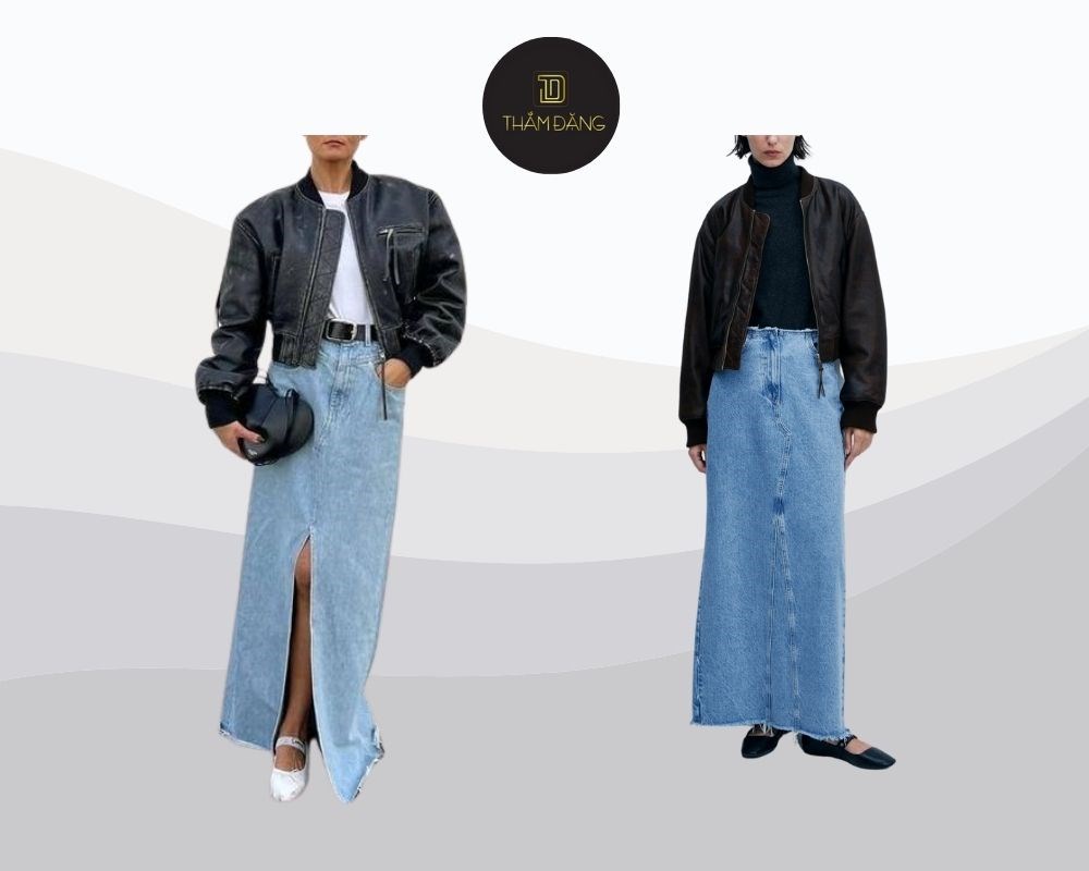Chân váy bò dài phối với áo gì? Phối với jacket bomber mang đến vẻ ngoài cá tính, trẻ trung và năng động