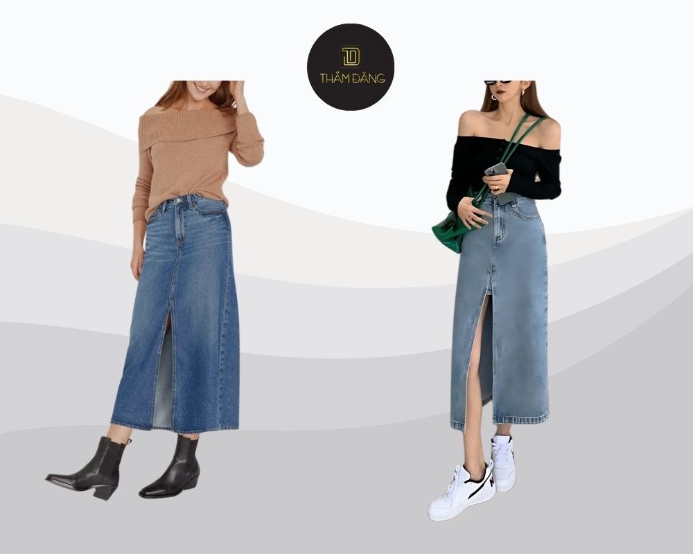 Váy jean dài mặc với áo gì? Phối với áo len trễ vai gợi cảm, lãng mạn, khoe khéo bờ vai mềm mại