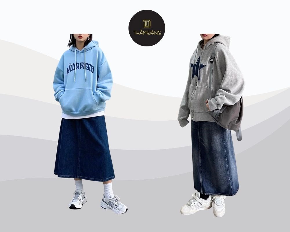 Cách phối đồ với chân váy jean dài và áo hoodie thể hiện phong cách spoty chic