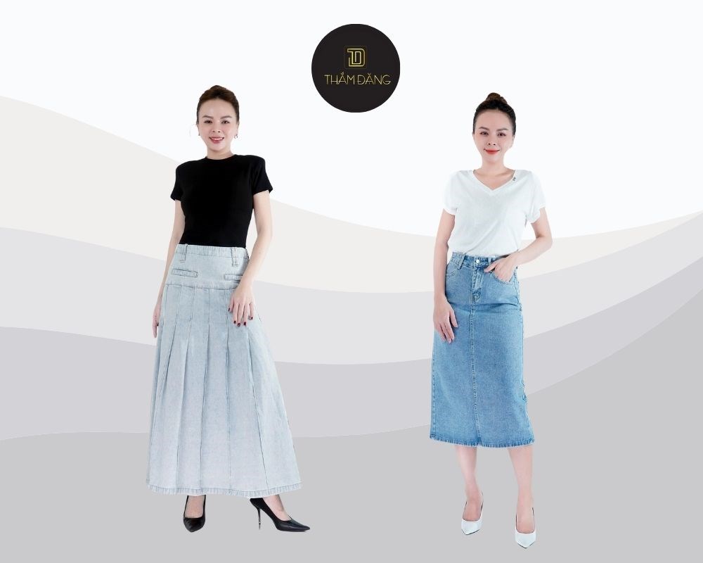 Chân váy jean dài phối với áo gì? Áo thun và chân váy jean dài là combo quốc dân cho mọi phong cách