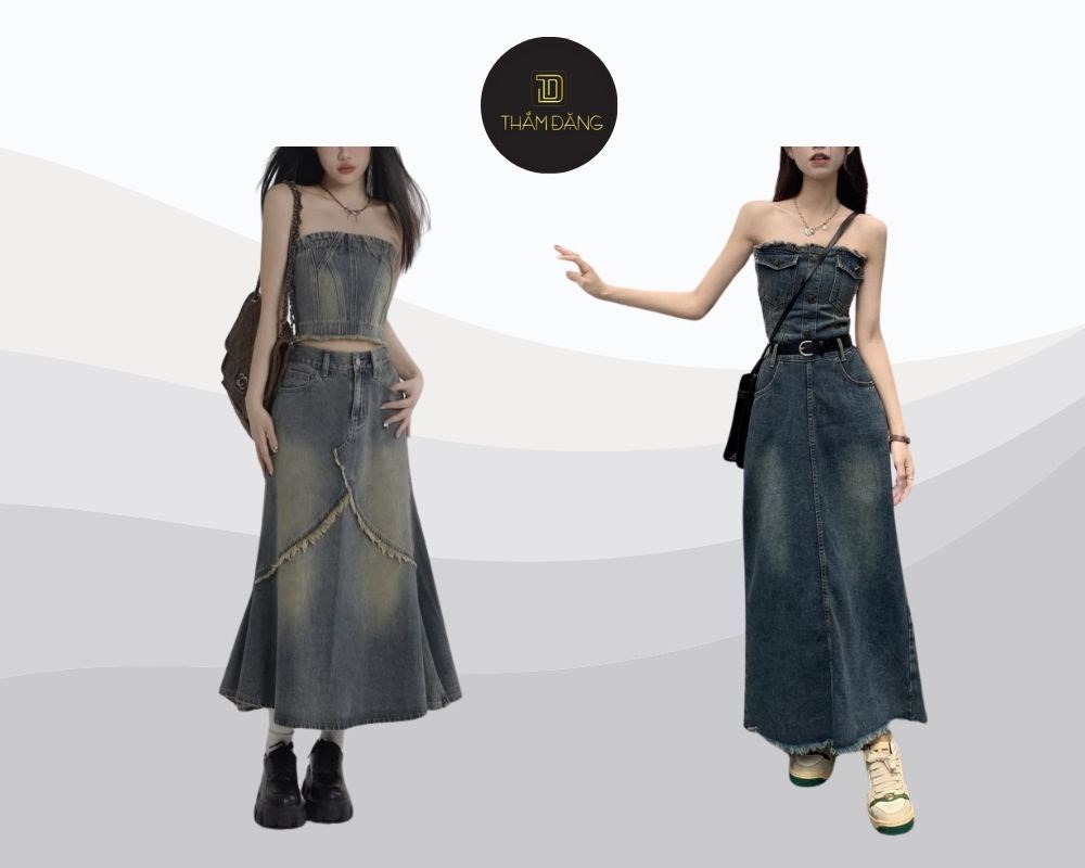 Chân váy bò dài mặc với áo gì? Phối với croptop cúp ngực tạo vẻ ngoài gợi cảm, cá tính, khoe trọn vòng eo thon và bờ vai quyến rũ