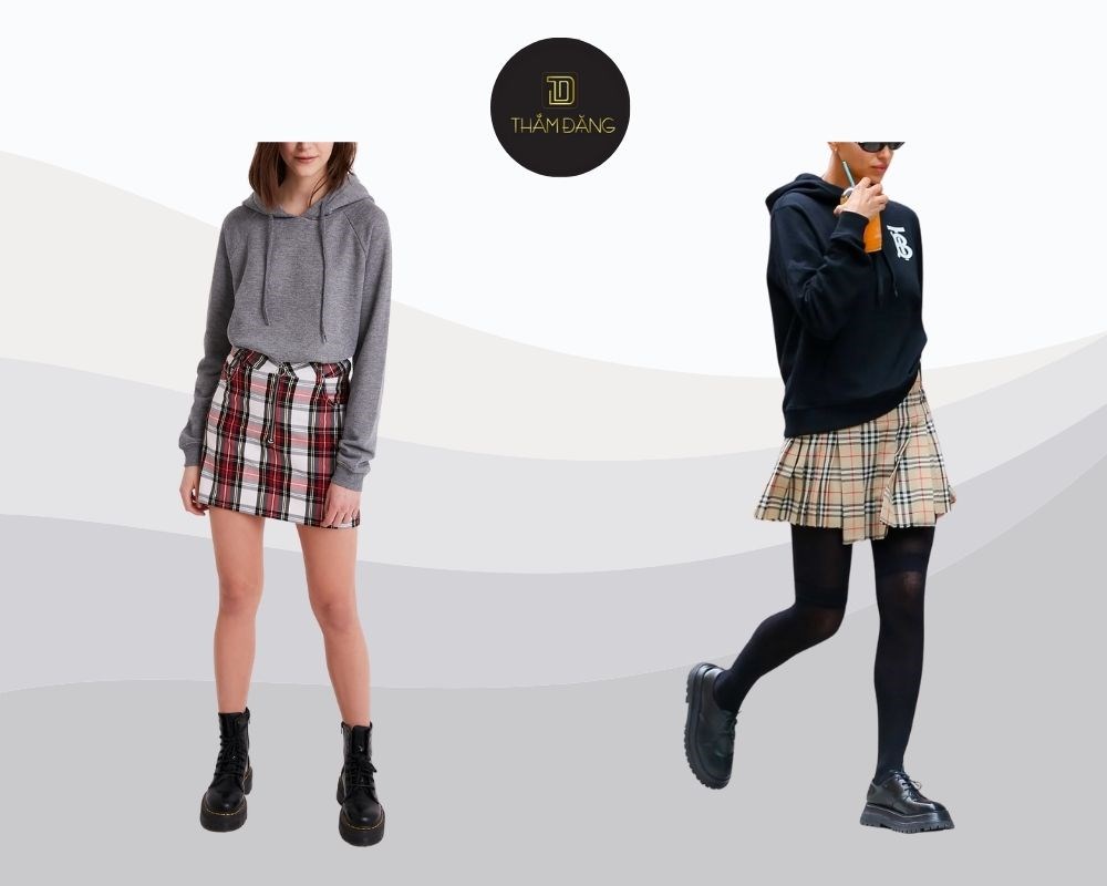 Chân váy kẻ caro mặc với áo gì? Phối chân váy kẻ caro và áo hoodie là sự lựa chọn lý tưởng