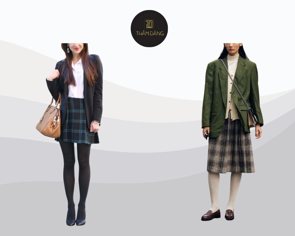 Mix chân váy caro chữ a cùng áo blazer là lựa chọn không thể bỏ qua