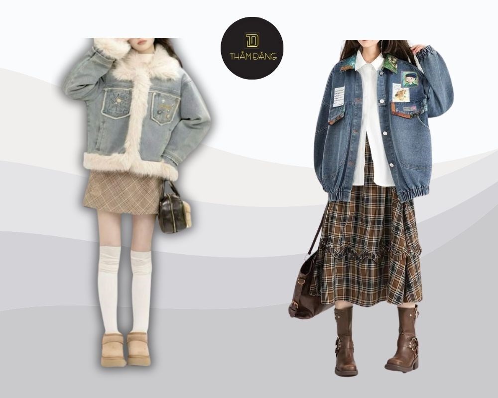 Áo jean kết hợp với chân váy kẻ caro tạo nên phong cách retro thời thượng, lý tưởng cho những ngày chuyển mùa