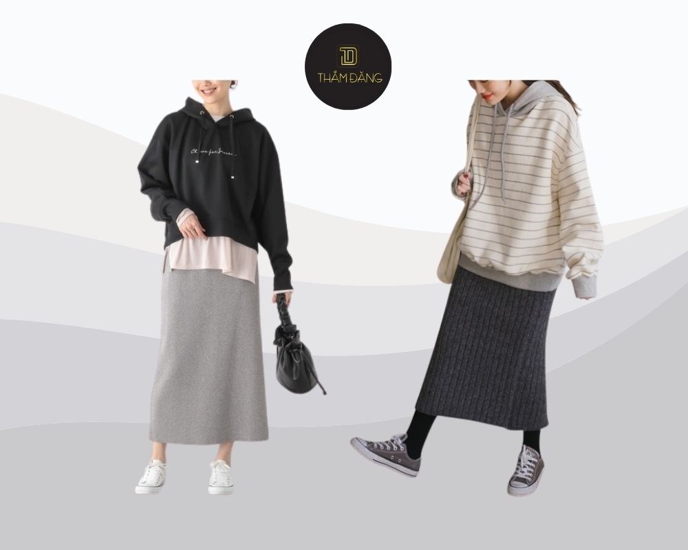 Chân váy len ôm mặc với áo gì? Mix cùng áo hoodie tạo nên một phong cách năng động, trẻ trung