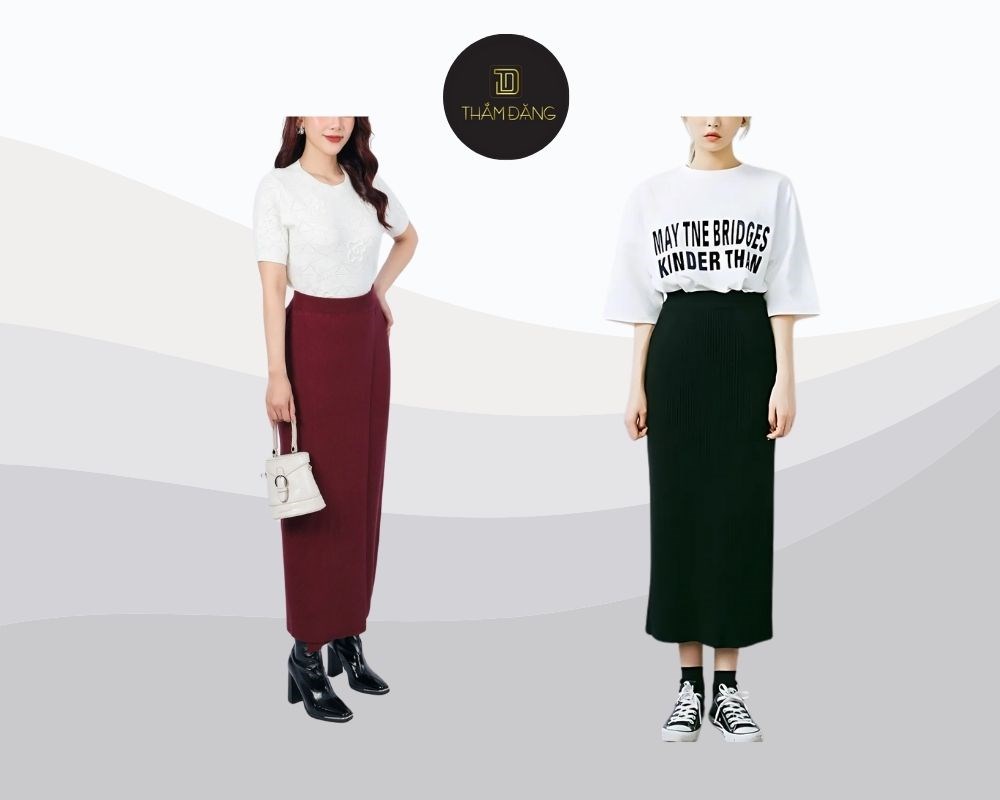 hãy thử combo chân váy len dài phối với áo thun trẻ trung nếu chưa biết chân váy len dài kết hợp với áo gì đẹp và ấm áp