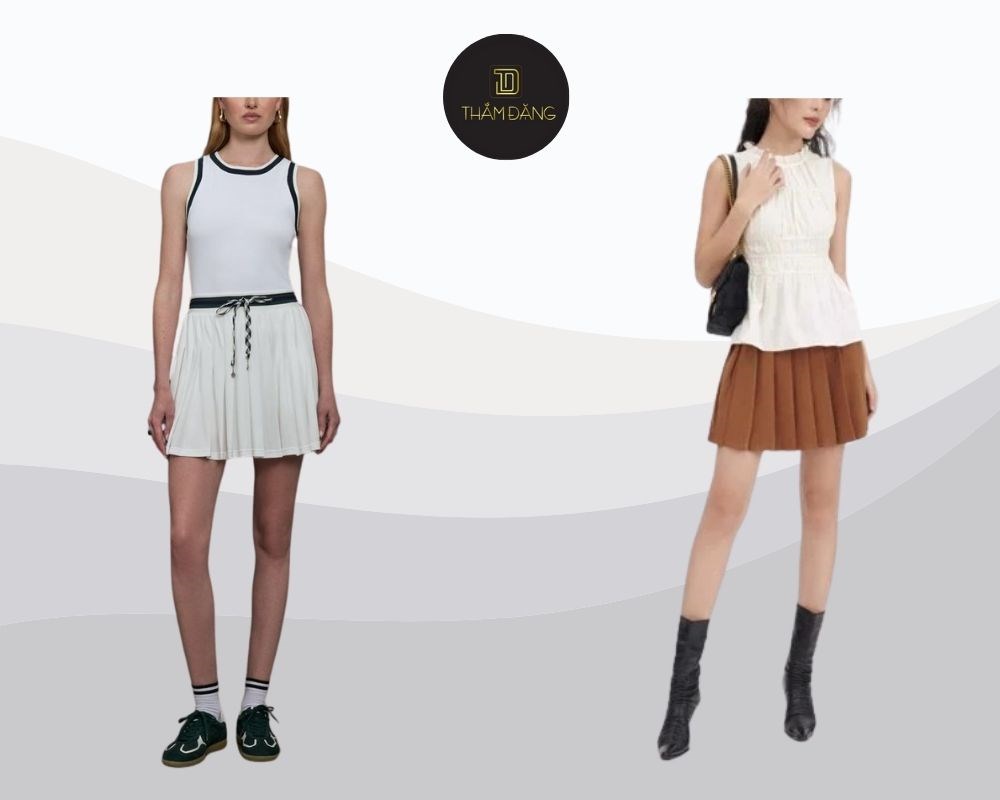Chân váy nâu phối áo peplum sát nách be tạo diện mạo ngọt ngào, thanh lịch, phù hợp đi làm hay dự tiệc hè