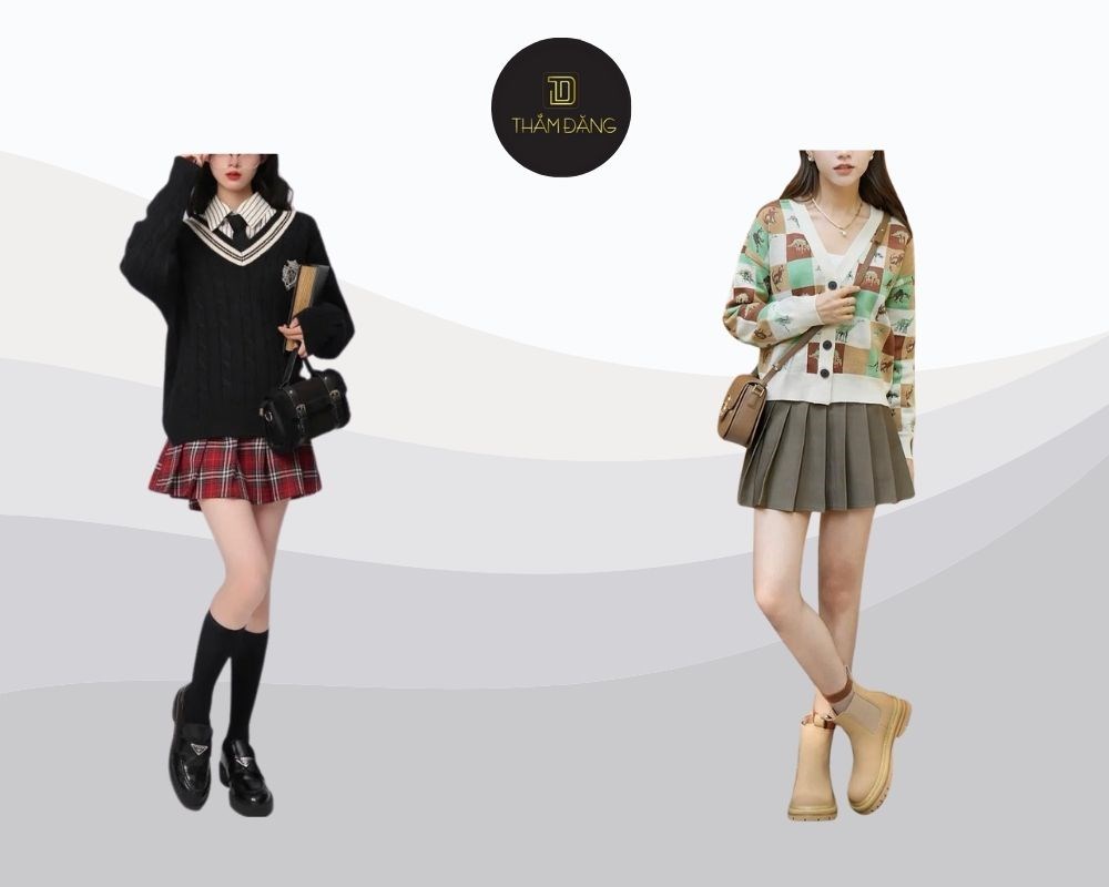 Chân váy tennis phối với áo gì? Mặc cùng cardigan cho nàng ấm áp xinh xắn ngày se lạnh