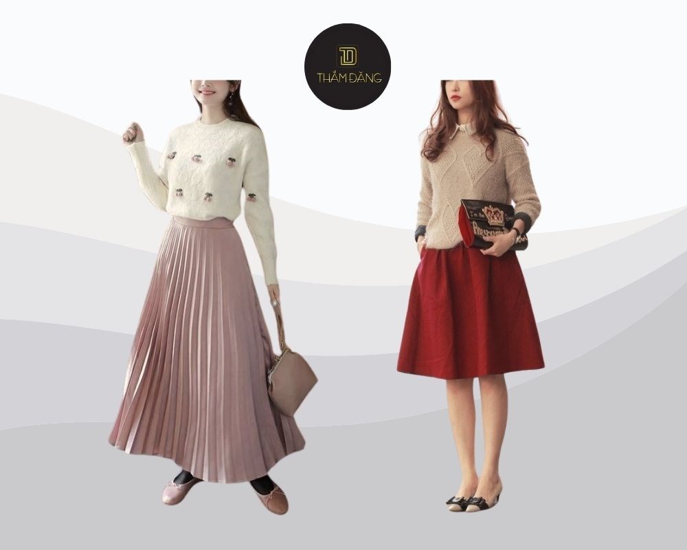 Áo len kết hợp với chân váy xòe dài tạo nên outfit thanh lịch, quyến rũ và ấm áp, đặc biệt với gam màu pastel