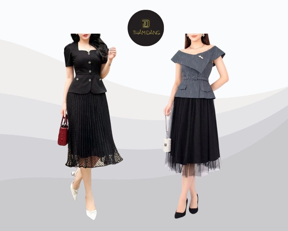 Áo peplum với thiết kế eo cao, phần dưới xòe nhẹ kết hợp cùng chân váy xòe dáng dài tạo nên outfit sang trọng và quyến rũ