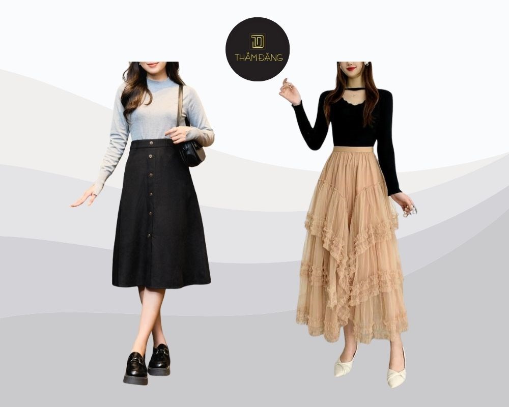 Chân váy xòe dài kết hợp với áo gì? Mặc với áo thun dài tay ôm sát tạo nên outfit vừa thoải mái vừa nữ tính