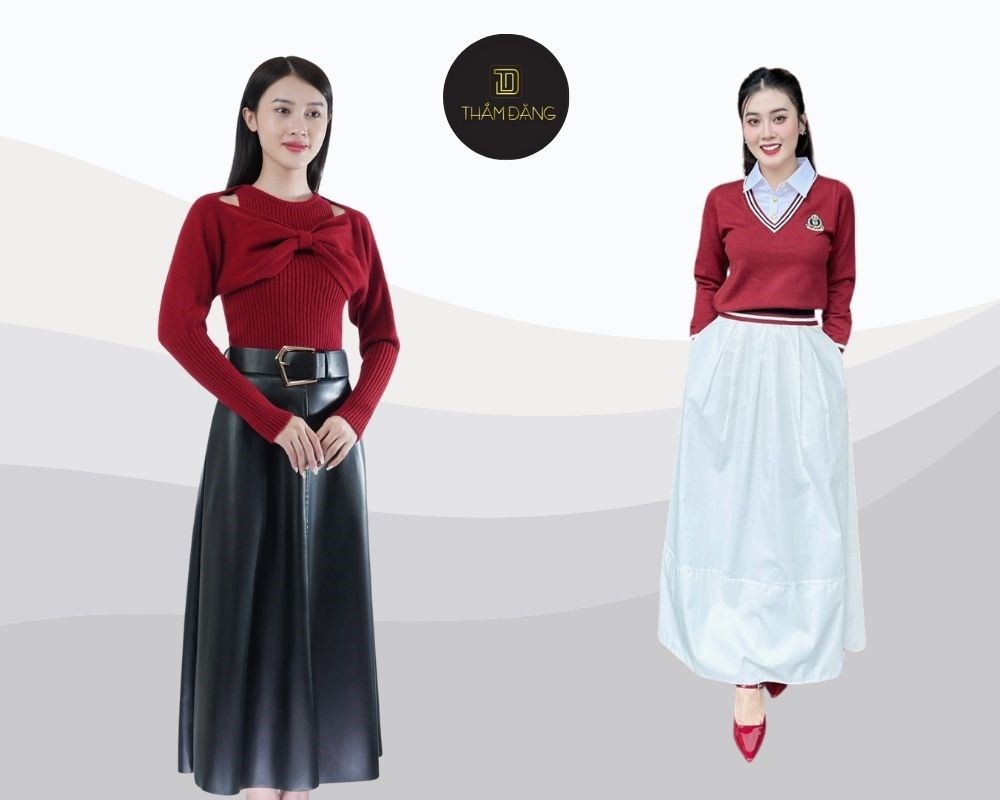 Áo len kết hợp với chân váy xòe dài tạo nên một outfit thanh lịch và ấm áp, lý tưởng cho mùa thu đông