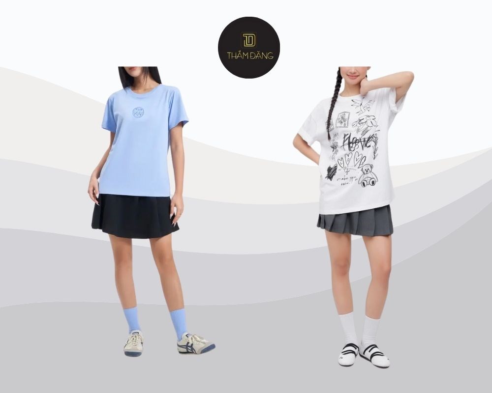 Chân váy xòe kết hợp với áo gì? Mix áo phông rộng mang đến phong cách trẻ trung, năng động, cá tính, giúp cân bằng tỉ lệ cơ thể