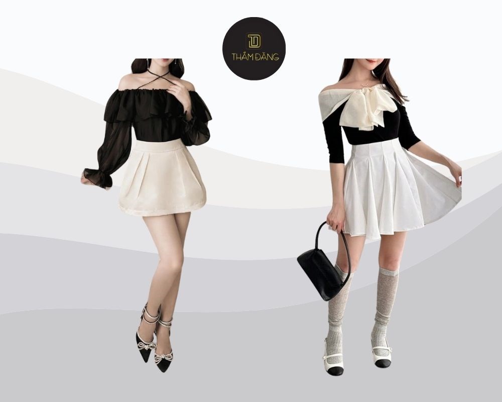 Váy xòe dài mặc với áo gì? Mix với áo trễ vai là bộ trang phục đầy nữ tính, quyến rũ và thanh lịch