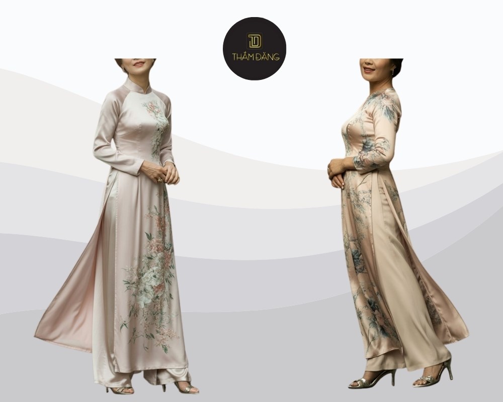 Áo dài truyền thống với gam màu trang nhã và chất liệu nhẹ nhàng là lựa chọn hoàn hảo cho mẹ cô dâu và mẹ chú rể trong ngày dạm ngõ
