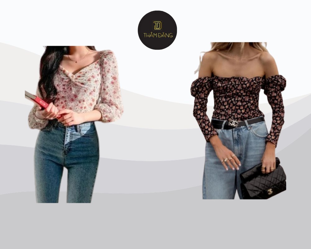 Áo trễ vai hoa nhí phối quần jean cạp cao tạo nên vẻ ngoài cho dáng đồng hồ cát nữ