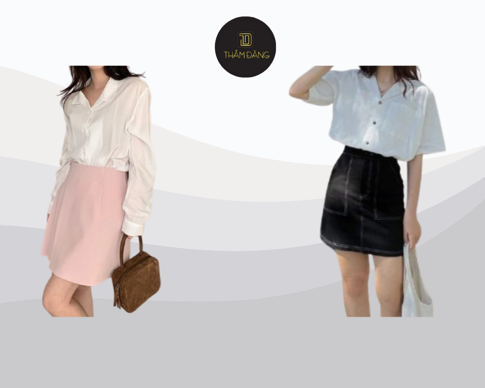 Áo sơ mi cổ V phối áo cao cổ với chân váy chữ A tạo nên outfit mang hơi hướng retro thanh lịch