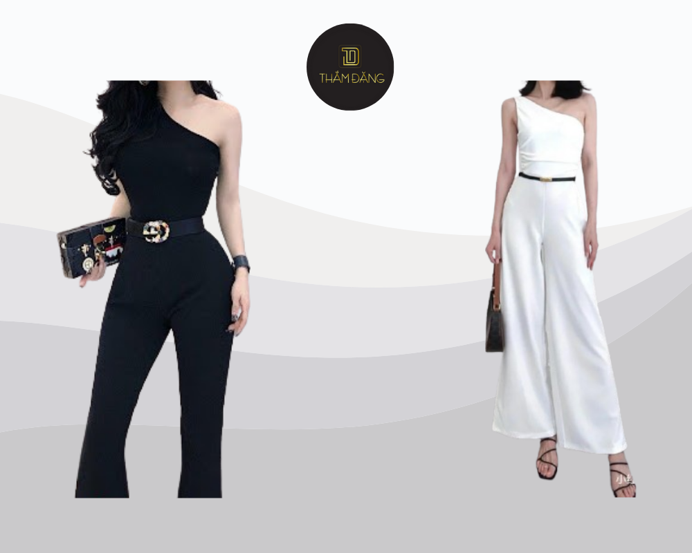 Jumpsuit lệch vai phối thắt lưng bản nhỏ tạo nên vẻ ngoài vừa hiện đại vừa nữ tính cho người có body đồng hồ cát