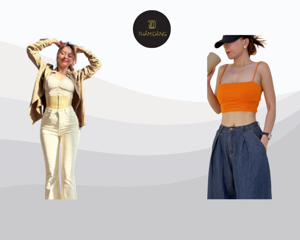 Áo croptop phối quần ống loe cạp cao tạo nên tổng thể hài hòa, cân đối cho dáng người đồng hồ cát