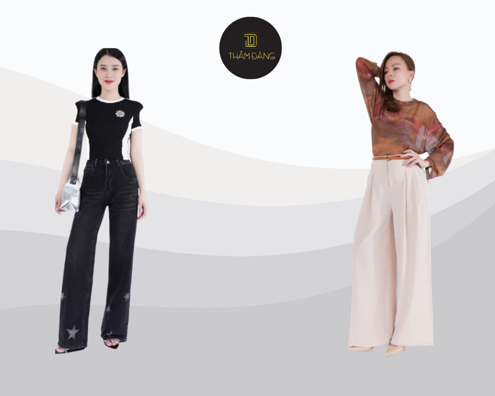 Sự kết hợp giữa áo phông basic và quần ống rộng cạp cao tạo nên outfit đơn giản cho dáng người chữ nhật