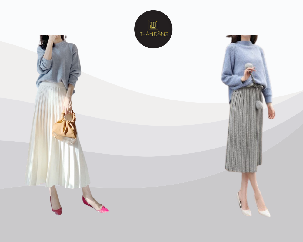 Áo len ôm sát kết hợp với chân váy midi xếp ly tạo nên sự cân bằng hoàn hảo giữa phần thân trên