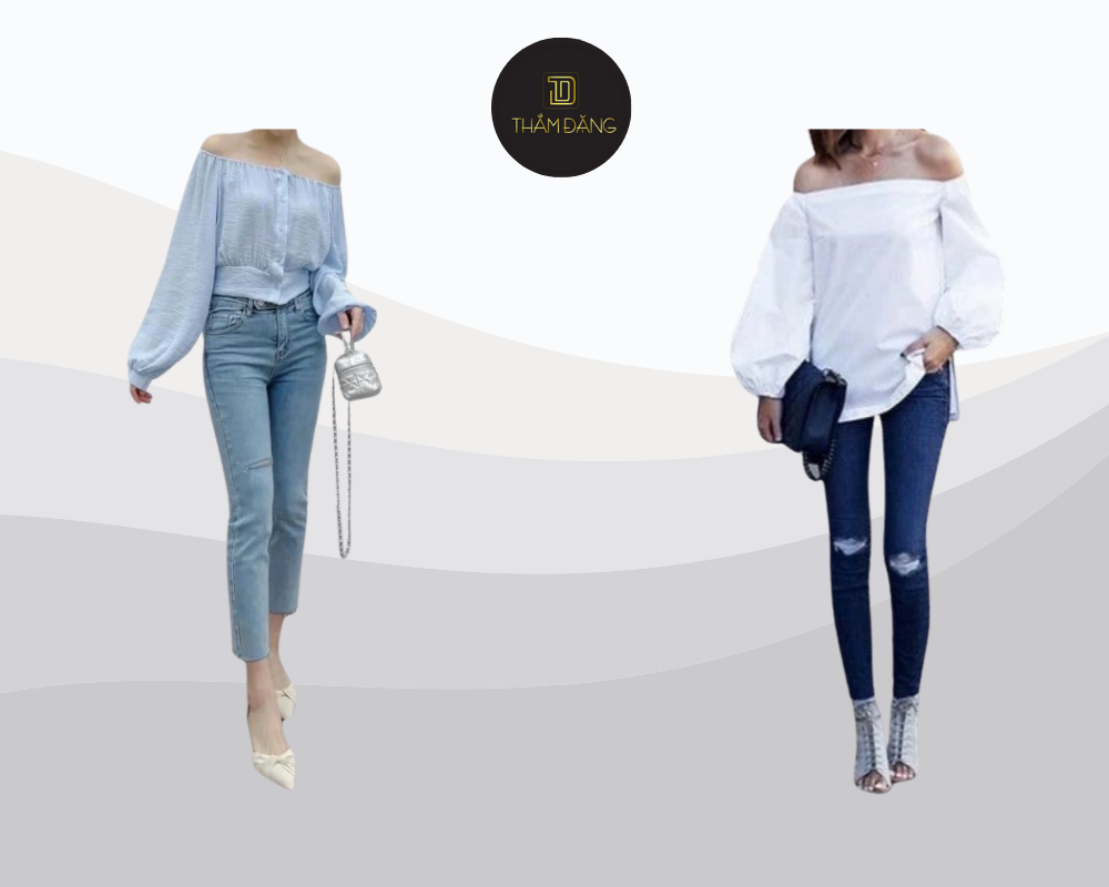 Dáng hình chữ nhật nên mặc gì? Áo trễ vai tạo điểm nhấn quyến rũ cho phần vai và xương quai xanh