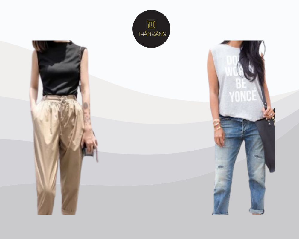 Áo tank top đơn giản kết hợp quần baggy tạo vẻ ngoài năng động, cá tính cho dáng quả táo